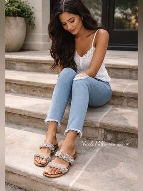 Nicole Miller New York Rhinestone Braided Sandals Size 7 Sparkle Slip-On Flats